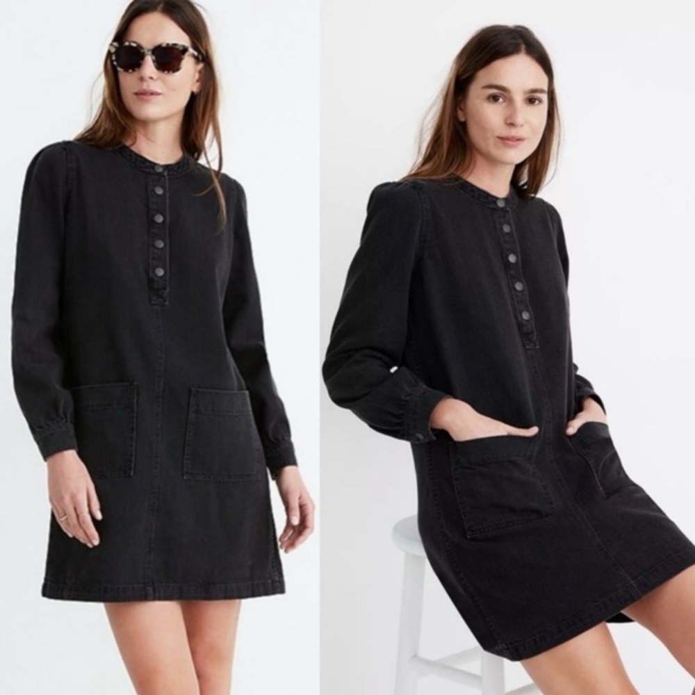 MADEWELL Denim long sleeve mini dress Patch Pocket Popover Shirt charcoal dark
